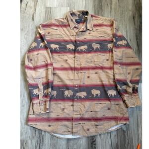 Roper Mens Tan Buffalo Print Western Long Sleeve Button Up Shirt Size 17.5 35